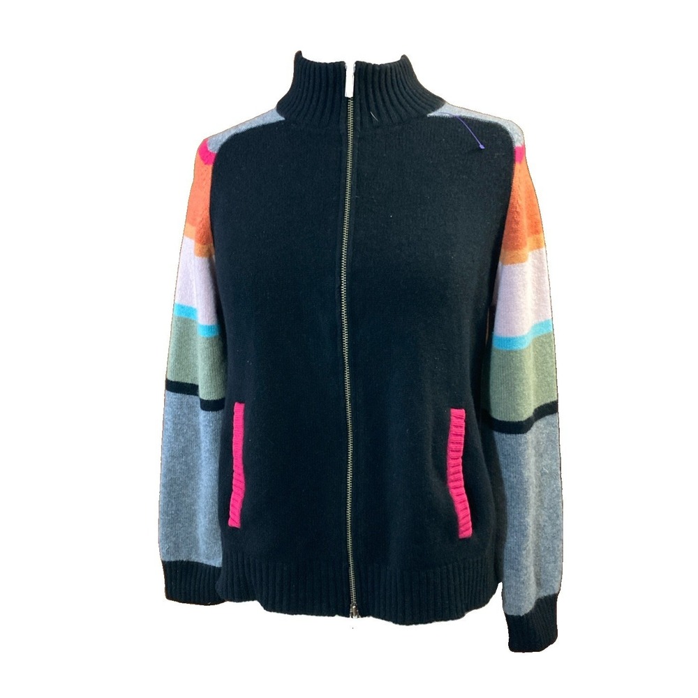BARRIE PACE 100% Cashmere SWEATER Vtg Sz L Black Colorblock Jacket Full Zip